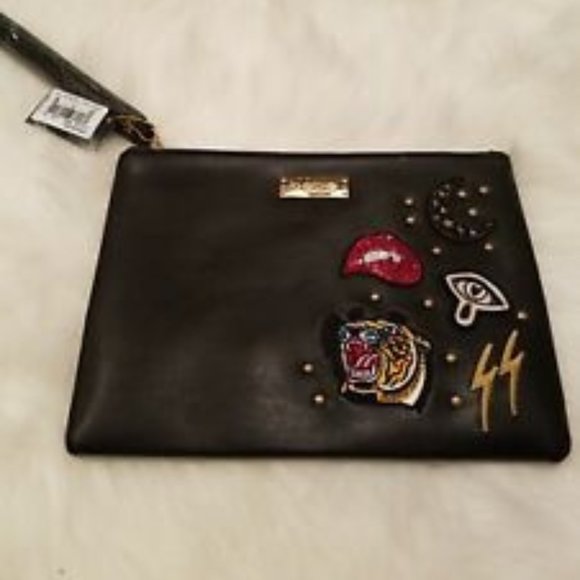 Bebe Black Clutch Wristlet w Patches Studs Sequins - Picture 1 of 2